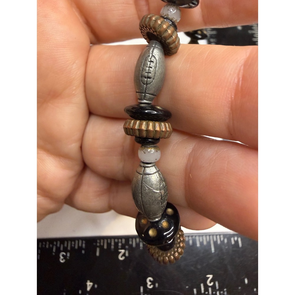 Football Beaded Bracelet Silver Tone Sports Theme Bronze Black Beads Barrel